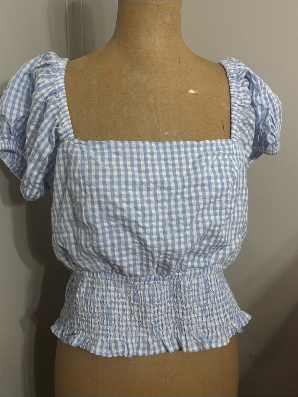 Light Blue Gingham Puff Sleeve Crop Top with corset back, size large